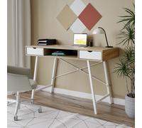 (Oak/White) Mid-Century Wood Writing Desk Computer Laptop Bureau with 2 Drawers Home Office