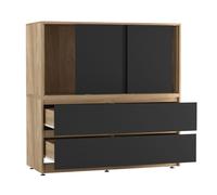 Urbn-Living Urbnliving 120Cm Height Oak With 3 Sliding Black Door 4 Drawer Bedside Cabinet Storage End Unit Bedroom Furniture