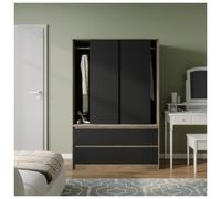 (Oak with Black Drawers) 180cm 3 Sliding Door 4 Drawer Wardrobe Clothes Storage Hanging Rail Bedroom