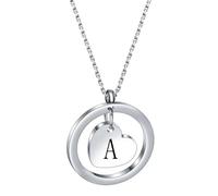 OAKKY 26 Letters Necklace Encircled by Love Stainless Steel Minimalist Open Circle with Engraved Heart for Her Silver A