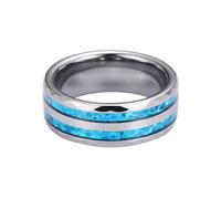 OAKKY Blue Synthetic Opal Ring for Men Women Stainless Steel Band with Two Parallel Inlaid Strips Size P 1/2