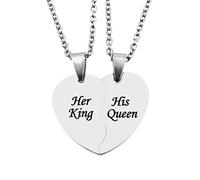 OAKKY Couples Necklace Stainless Steel Matching Heart Pendants Wedding Gift for Bride and Groom Anniversary Jewellery for Husband and Wife Silver Broken Heart Necklaces for Two Her king/His queen