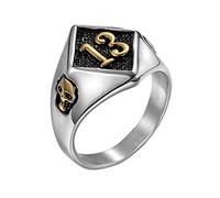 OAKKY Men Stainless Steel Vintage Evil Skull Lucky Number 13 Ring Rock Hip Hop Motorcycle Gothic Biker Narrow Silver Gold Size P