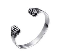 OAKKY Men's Stainless Steel 18MM Vintage Punk Skull Hands Gothic Double Boxing Fitness Open Hip Hop Fist Power Bracelet Silver Plated