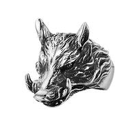 OAKKY Men's Stainless Steel Domineering Strong Sharp Wild Boar Head Lucky Ring Retro Gothic Punk Rock Band Unique Silver Black Tone Size S
