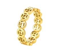 OAKKY Men's Stainless Steel Hip Hop Cut Out Feng Shui Copper Coins Biker Ring Lucky Wealth Treasure Money Wedding Band Gold Size W