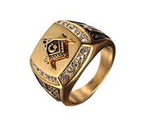 OAKKY Mens Stainless Steel Masonic Freemason Ring with Diamonds Biker Symbol Member Band