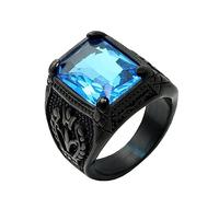 OAKKY Men's Stainless Steel Personality Retro Special Flower Pattern Carved Dragon Claw Blue Gemstone Signet Ring Princess Cut Black Size Z+5