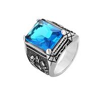 OAKKY Men's Stainless Steel Personality Retro Special Flower Pattern Carved Dragon Claw Blue Gemstone Signet Ring Princess Cut Silver Size Z+5