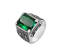 OAKKY Men's Stainless Steel Personality Retro Special Flower Pattern Carved Dragon Claw Green Gemstone Signet Ring Princess Cut Silver Size Z+3