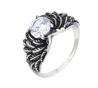 OAKKY Men's Stainless Steel Vintage Classic Feather Wrap Unique Flower Pattern Shaped 4 Dragon Claw Round Cut Crystal Signet Ring White Size N 1/2