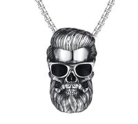 OAKKY Men's Stainless Steel Vintage Cool Men's Skull Head Biker Pendant Necklace with Sunglasses and a Beard Skeleton Gothic Punk Style Black