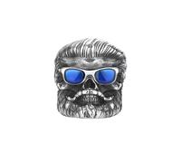 OAKKY Men's Stainless Steel Vintage Cool Men's Skull Head Biker Rings with Sunglasses and a Beard Gothic Punk Skeleton Band Blue Size P 1/2