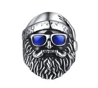 OAKKY Men's Stainless Steel Vintage Dominant Cool Dense Beard Old Men Skull Head Biker Ring with Sunglasses and Headscarf Blue Size Y
