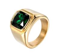 OAKKY Men's Stainless Steel Vintage Domineering Solid Square Cut Green Gemstone Biker Ring Punk Minimalist Style Wedding Band Gold Size W