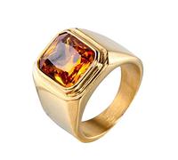 OAKKY Men's Stainless Steel Vintage Domineering Solid Square Cut Orange Gemstone Biker Ring Punk Minimalist Style Wedding Band Gold Size U