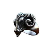 OAKKY Men's Stainless Steel Vintage Hip Hop Devil Ghost Big Ram's Horn Goats Sheep Skull Head Biker Ring Skeleton Statement Silver Size Z+1