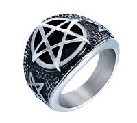 OAKKY Mens Stainless Steel Vintage Pentagram Rings Silver Black Plated Pentacle Band Gothic Biker Punk Rock Size U