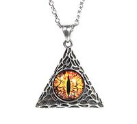 OAKKY Men's Stainless Steel Vintage Personality Gothic Triangle Demon Yellow Evil Eyes All Seeing Pendant Necklace with Chain