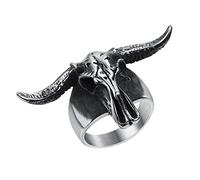 OAKKY Men's Stainless Steel Vintage Punk Demon Goat Head Horns Skull Gothic Biker Ring Hell Devil Aries Zodiac Skeleton Antique Silver Size Z+1