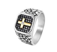 OAKKY Men's Unique Personality Stainless Steel Inlay Crystal Cross Ring Retro Irregular Crack Punk Style Rings Silver Gold Size P 1/2