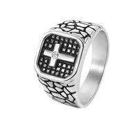 OAKKY Men's Unique Personality Stainless Steel Inlay Crystal Cross Ring Retro Irregular Crack Punk Style Rings Silver Size Y