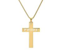 OAKKY Pride Cross Necklace Gift for LGBTQ+ Loved One Engraved Rainbow Crucifix Pendant Stainless Steel Jewellery for Partner Coming Out or Baptism Gift Faith Love Pendant Gold Hollow with Chain