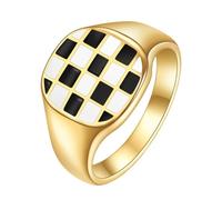 OAKKY Unisex Stainless Steel 13mm Trendy Simple Square Cut Irregular Black and White Checkerboard Pattern Biker Ring Statement Band Size L 1/2