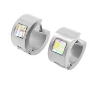 OAKKY Unisex Stainless Steel 7MM Chunky Simple Hip Hop Square Colorful Rhinestone Inlay Small Huggie Hoop C-Shaped Couple Earrings Rainbow Silver