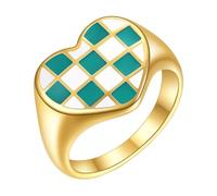 OAKKY Unisex Stainless Steel Classic Elegant Irregular Blue and White Checkerboard Pattern Heart Shape Couple Ring Matching Set Size N 1/2
