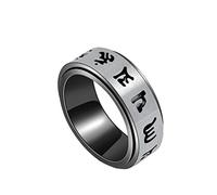OAKKY Unisex Stainless Steel Vintage Buddhist 6 Word Mantra Religious Hollow Out Rotatable Ring Om Mani Padme Hum Wedding Band Black Size P