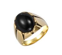 OAKKY Unisex Stainless Steel Vintage Classic Punk Crack Pattern Simple Flower Shaped Oval Gemstone Signet Ring Comfort Fit Gold Black Size N 1/2