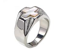 OAKKY Unisex Stainless Steel Vintage Hip Hop White Sea Shell Inlay Cross Biker Ring Church Faith Crucifix Wedding Band Silver Size U