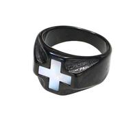 OAKKY Unisex Stainless Steel Vintage Hip Hop White Sea Shell Inlay Cross Biker Ring Church Faith Crucifix Wedding Band Black Size W