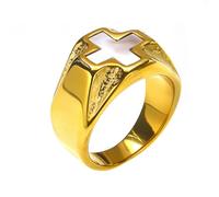 OAKKY Unisex Stainless Steel Vintage Hip Hop White Sea Shell Inlay Cross Biker Ring Church Faith Crucifix Wedding Band Gold Size W