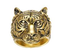 OAKKY Vintage 3D Majestic Tiger Head Ring for Men Stainless Steel Wildness Punk Tough Guy Band Gold Size W