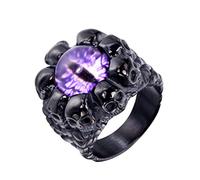 OAKKY Vintage Personality Men's Stainless Steel Black Punk Ghost Skull Head Purple Evil Eye Peculiar Ring with Stone Size Z