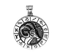 OAKKY Vintage Unisex Stainless Steel Hip Hop Twelve Constellation Zodiac Astrology Horoscope Pendant Round Dog Tag Necklace Aries No Chain