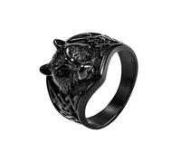 OAKKY Wilderness Totem Wolf Head Ring for Men Stainless Steel Masculine Statement Black Size N 1/2
