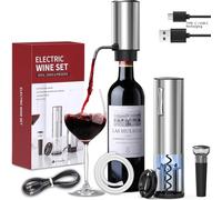 Oaklete Electric Wine Opener Set, 4-in-1 Wine Set with Rechargeable Wine Opener, Rechargeable Wine Aerator Pourer, Foil Cutter and Vacuum Wine Stopper, Gift Set for Wine Lovers（Silver）