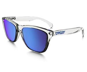 Oakley Frogskins Sunglasses Crystal Clear with Prizm Sapphire Iridium Lens 55mm, Wrap Around, Men's Retro Sunglasses