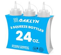 Oaklyn (3pk 24oz (590 ml) Plastic Squeeze Bottles with Screw On Cap Lids - Top Storage Containers for Ketchup Mustard Mayo Hot Sauce Olive Oil - Bulk Clear BPA Free Condiment Bottle Set for Cooking