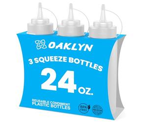 Oaklyn (3pk 24oz (590 ml) Plastic Squeeze Bottles with Screw On Cap Lids - Top Storage Containers for Ketchup Mustard Mayo Hot Sauce Olive Oil - Bulk Clear BPA Free Condiment Bottle Set for Cooking