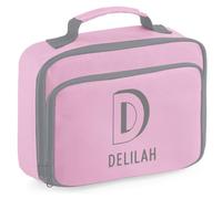 Oakridge Park Gifts Personalised Lunch Bag, Children Boys Girls Custom Initial and Name, Back to School, Nursery, Insulated Food Storage Box (Light Pink with Grey Design)
