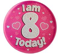 OakTree 6" Jumbo Badge I Am 8 Today Pink Holographic Dot
