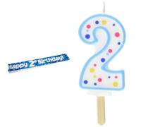 OakTree 624634" Happy 2nd Birthday Foil Holographic Banner, Blue, 9 ft & PME Blue Number 2 Candle,4 x 1 x 6.3 cm