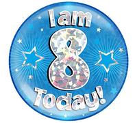Oaktree 633407 Holographic Jumbo Badge I am 8 Today, Blue, Diameter 14.8 cm, 1 piece
