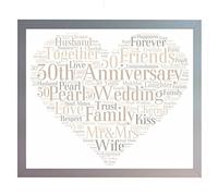 Oaktree Gifts Framed 30th Pearl Wedding Heart Anniversary Word Art A4 Print. Photo Picture Keepsake Gift for Mum, Dad, Gran, Grandad, Friend & Family