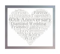 Oaktree Gifts Framed 60th Diamond Wedding Anniversary Word Art A4 Heart Print. Photo Picture Keepsake Gift for Mum, Dad, Gran, Grandad, Friend & Family