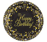 Oaktree Happy Birthday Sparkling Fizz Black & Gold 9"/23cm Plates 8pcs
